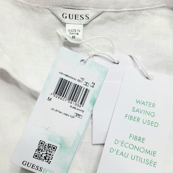 Guess Leyna Embroidered Eyelet Crop Linen Shirt White Scallop Hem Button Medium - Picture 9 of 10